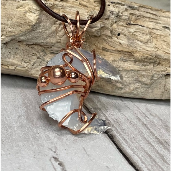 Genuine Opalite Crescent Moon Copper Wrap Leather Cord Boho Style - Picture 14 of 17